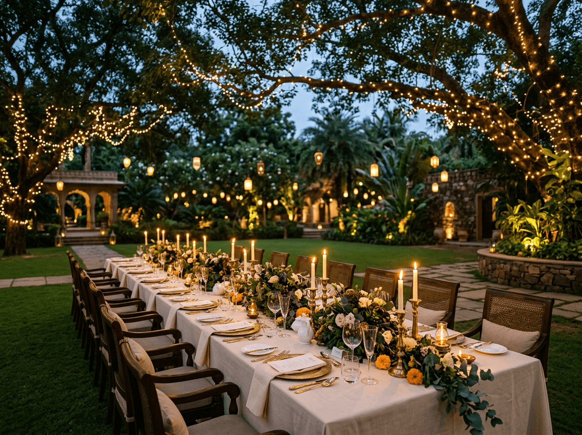 Candlelit garden dining under string lights at dusk