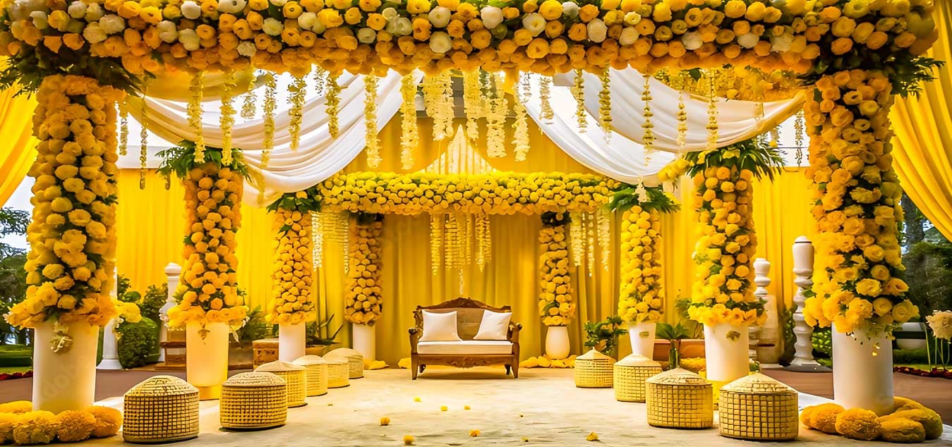 A marigold mandap set for a wedding at Celebrity Resort